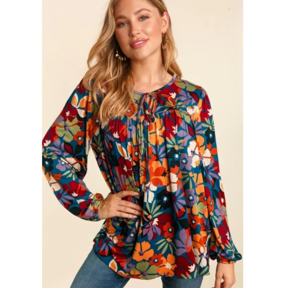 "The Kelly" Colorful Floral Front Tie String Top - Picture 2 of 4